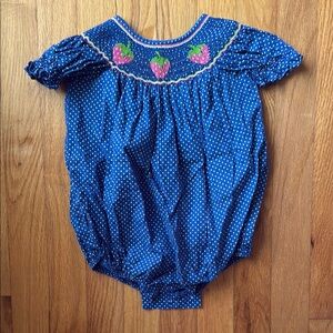 Classic Whimsy Blue Polka Dot Baby Romper with Strawberry Embroidery
